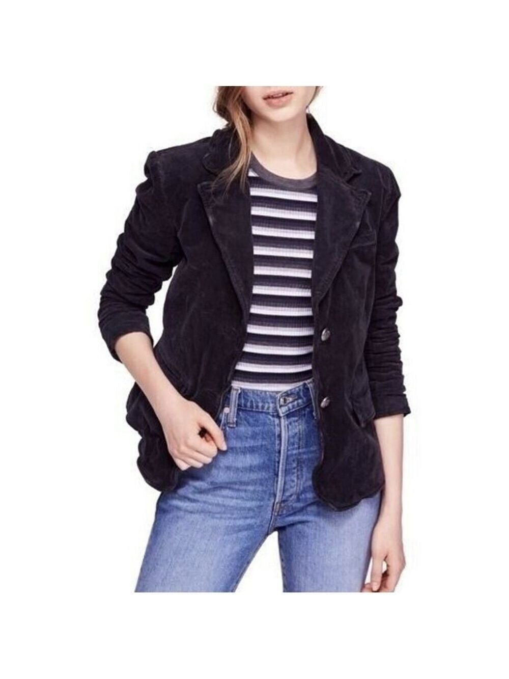 Free People Byron Corduroy Blazer MED Black Single Breasted Boho Chic Academia